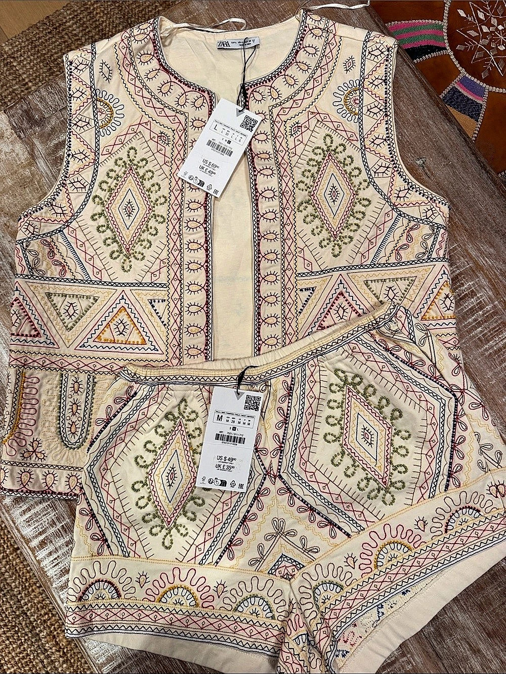 Zara Embroidered Vest Top and Pants Set Cream Medium